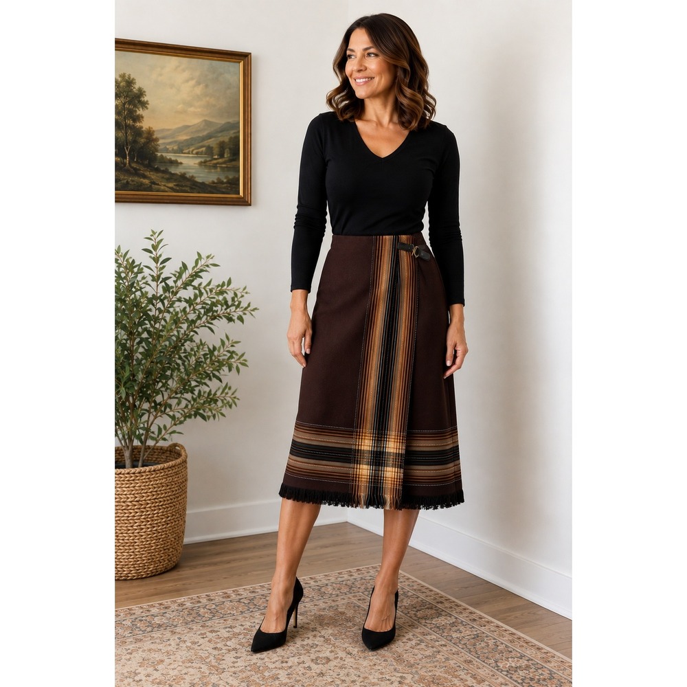 Sag Harbor Petites 14P Brown Faux Wrap Fringe Midi Skirt Equestrian Closure Boho